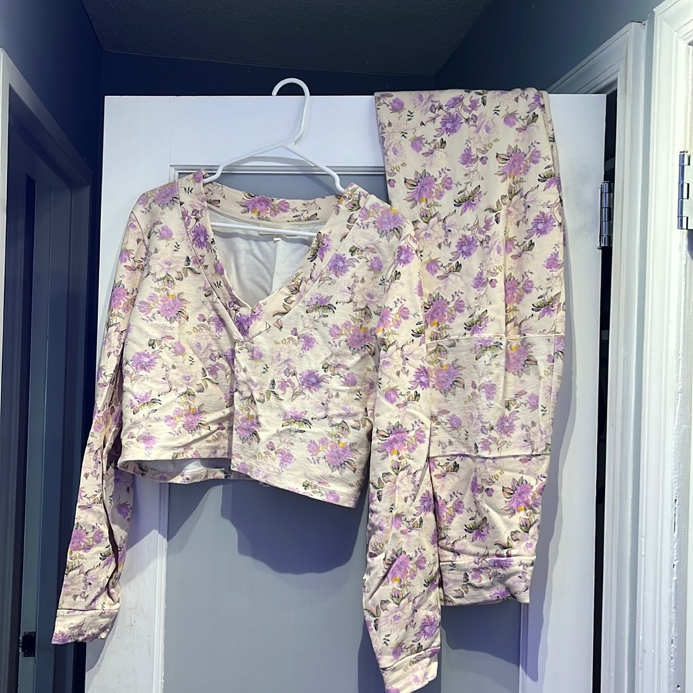 Love Shack Fancy floral sweats and crop top